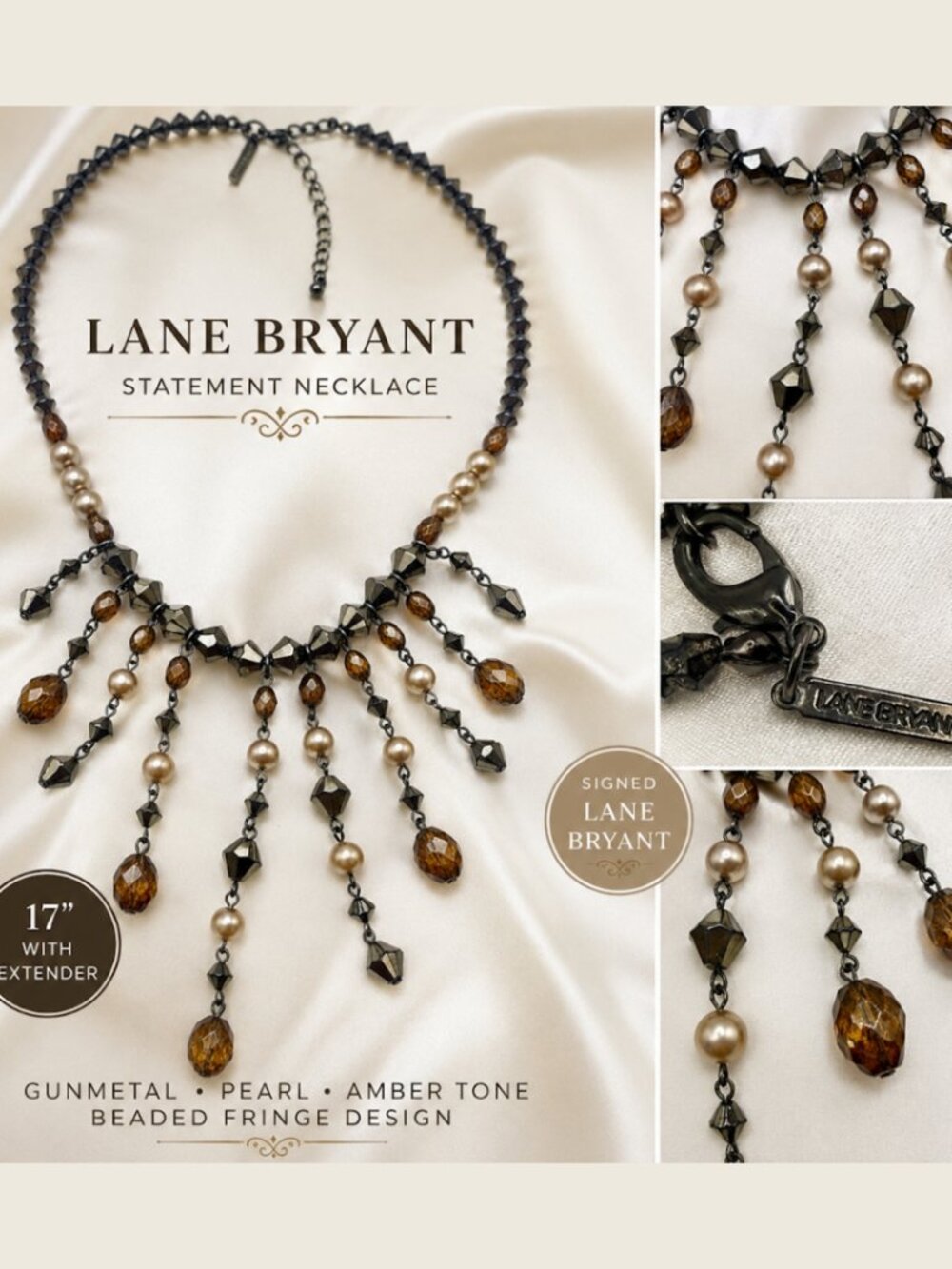 Lane Bryant Gunmetal Pearl Amber Beaded Fringe Statement Necklace